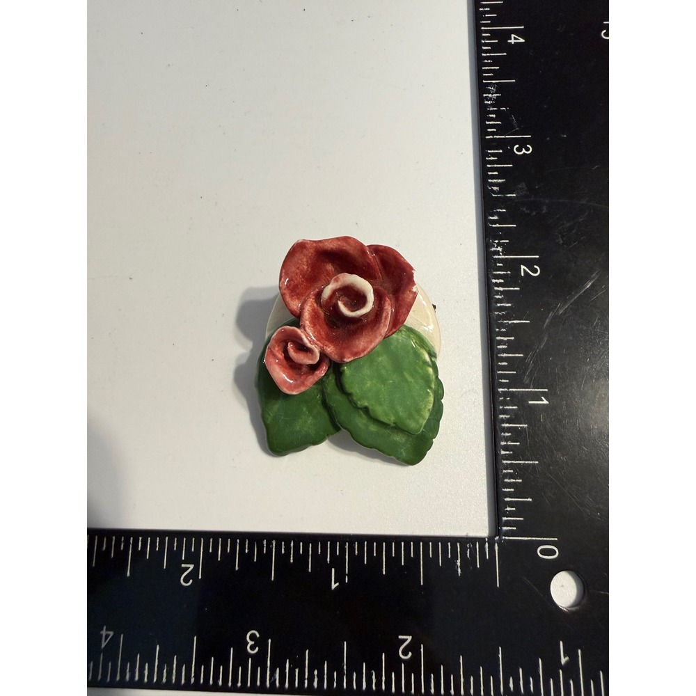 Vintage Ceramic Red Rose Brooch Hand Painted Floral Pin Green Leaves Cottagecore